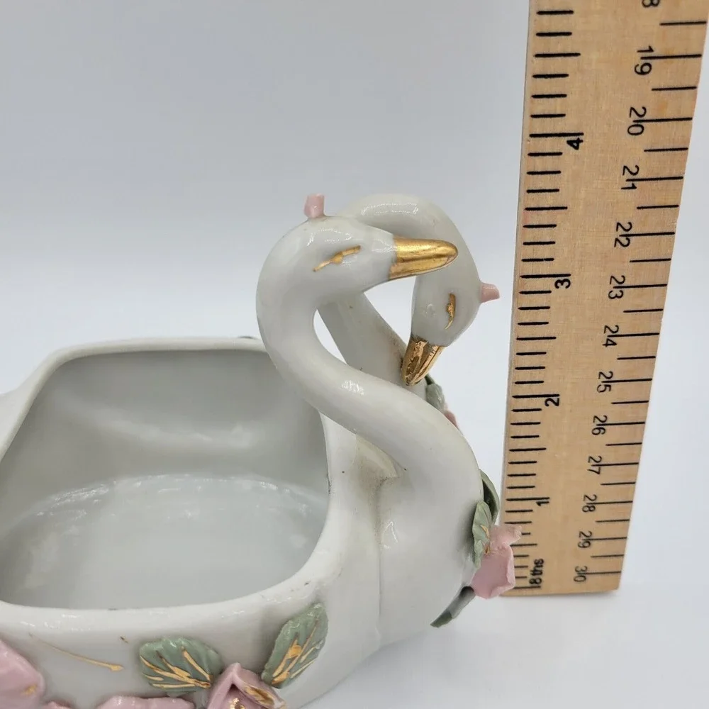 Vintage Double Swan China Trinket‎ Dish Vase With Flowers Collectible Home Decor